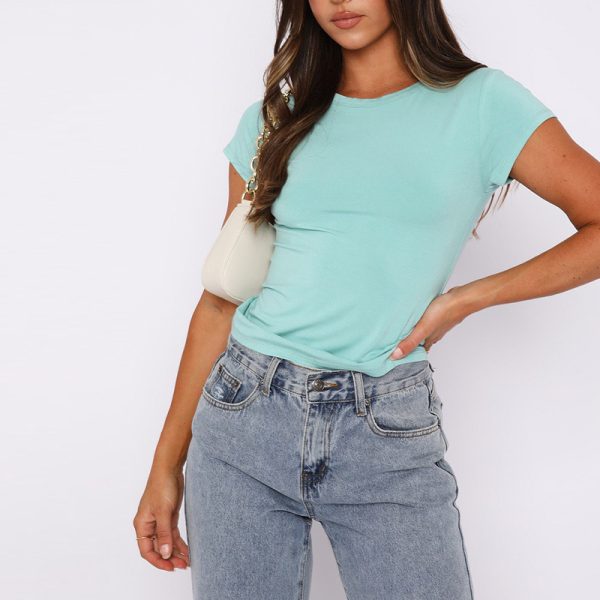 New Women's Solid Color Round Neck Short Sleeve Basic T-Shirt - Image 5