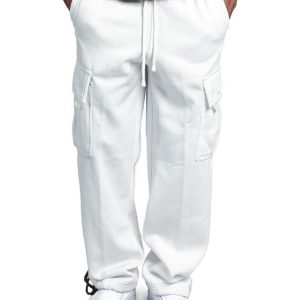 Men's Solid color elastic waist multi-pocket loose fit cargo pants