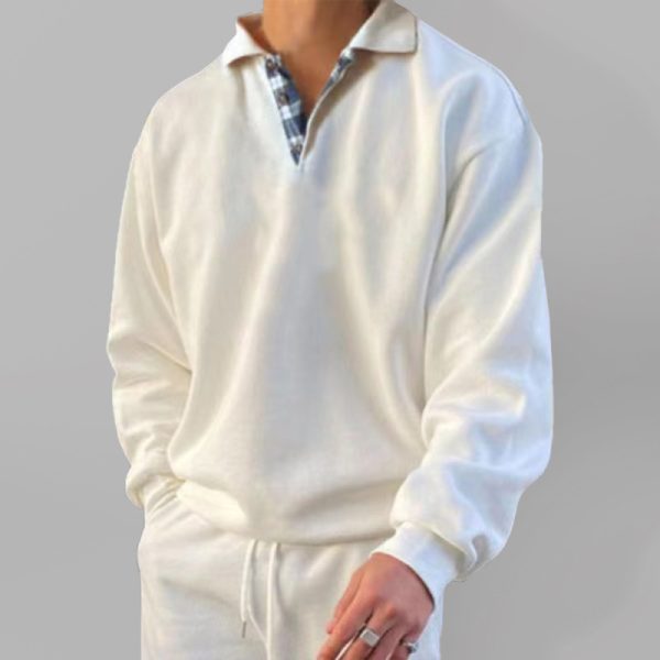 Men's solid color lapel loose long-sleeved POLO shirt - Image 9