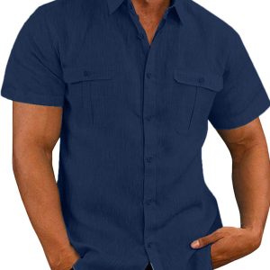 Men's Shirt Double Pocket Cotton Linen Short Sleeve Shirt Casual Vacation Shirt