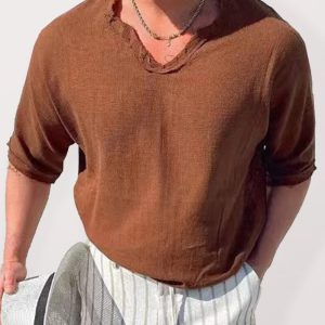 Men's Woven Short Sleeve V Neck Short Sleeve Top
