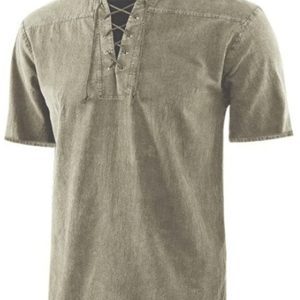 Men's Woven Retro Lace Up Collar Casual Short Sleeve Shirt