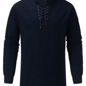Men's Woven Retro Lace Up Casual Long Sleeve Shirt with Stand Collar