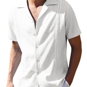 Men's Loose Casual Linen Shirt Cuban Guayabera Short Sleeve Beach Shirt