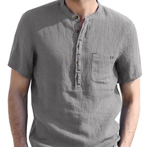 Men's woven solid color short-sleeved cotton and linen shirt