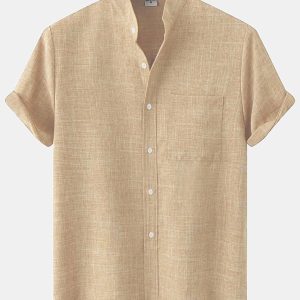 Spring and summer casual short-sleeved solid color cotton linen men's shirt