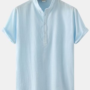 Men's Cotton Linen Stand Collar Casual Short Sleeve Shirt Beach T-Shirt Shirt