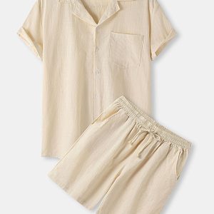 Men's solid color short-sleeved T-shirt shorts cotton linen casual suit