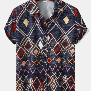 Men's Vintage Print Ethnic Aztec Short Sleeve Shirt