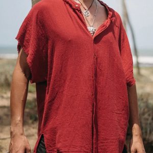 Men's Cotton Linen Shirt Short Sleeve Cardigan Solid Color Casual Loose T-Shirt