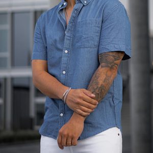 Men's Solid Color Faux Denim Shirt Short Sleeve T-Shirt Casual Loose T-Shirt