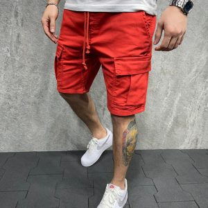 Street solid color casual five-point pants woven casual multi-pocket tether cargo shorts