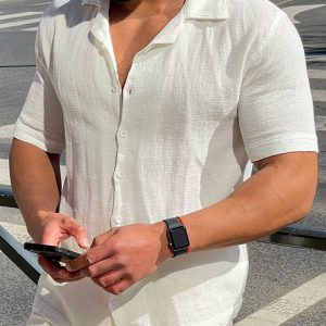 Men's Solid Color Thin Short Sleeve Lapel Collar Simple Casual Shirt