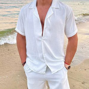 Men's Summer Lapel Cotton Linen Solid Color Short Sleeve Shorts Set