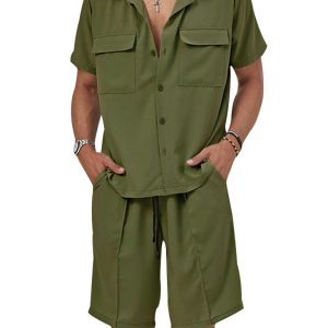 New men's new lapel casual shirt shorts two-piece set