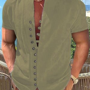 New Vintage Button Stand Collar Short Sleeve Shirt