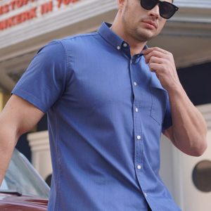 New Plus Size Men's Short Sleeve Shirt Loose Casual Stretch Denim Shirt