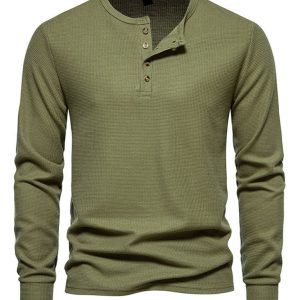 Men's Four Button Waffle Henley Neck Long Sleeve T-Shirt