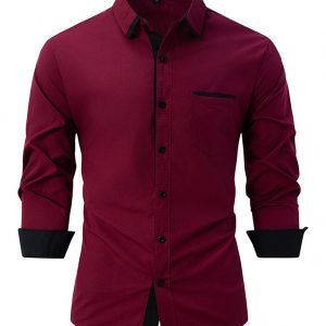 Men's Color Block Business Slim Casual Shirt Long Sleeve Shirt