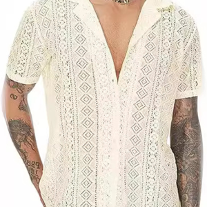 New fashionable lace floral button hollow see-through short-sleeved shirt