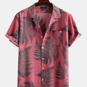 Men's Casual Loose Beach Wear Maple Leaf Print Short Sleeve Shirt