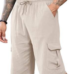 New Linen Shorts Multi-Pocket Drawstring Men's Beach Overalls