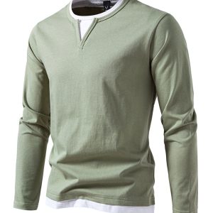 Men's T-shirt Fake two-piece double-layer V-neck stitching bottoming shirt Men's long-sleeved T-shirt