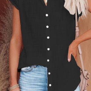 Linen Lapel Button Raglan Short Sleeve Shirt Curved Slit Hem Blouse