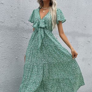 Women's Short Sleeve Green Print V-Neck Dress