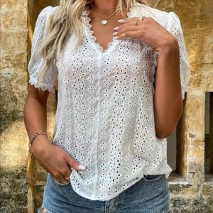 Women's solid color short-sleeved hollow shirt