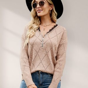 Sweater Loose Short Zipper Sexy Lace V Neck Fashion Sexy Top Women's Dress