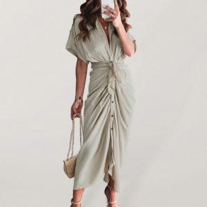 Women's Solid color pleated short sleeve shirt dress