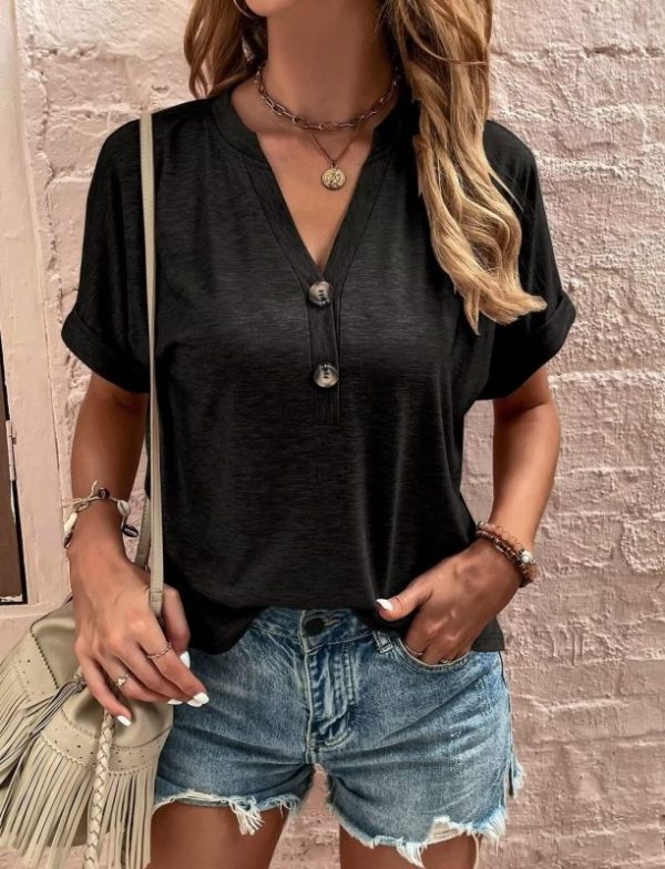 Women's solid color casual button-up short-sleeve T-shirt - Image 20