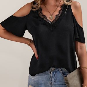 Women's Solid color lace-trimmed V-neck off-the-shoulder short-sleeved top