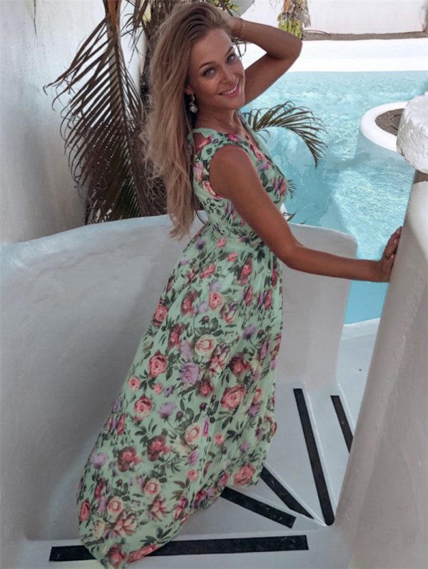 Elegant Floral Print Chiffon Dress Sleeveless Vacation Beach Slit Maxi Dress - Image 11