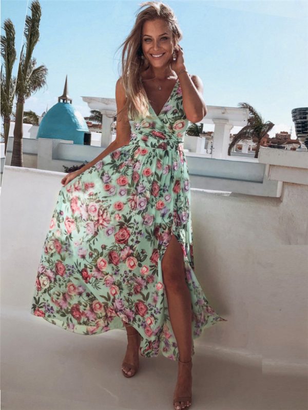 Elegant Floral Print Chiffon Dress Sleeveless Vacation Beach Slit Maxi Dress - Image 3