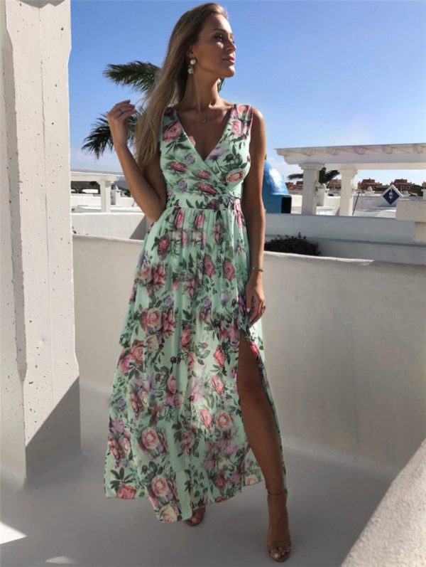 Elegant Floral Print Chiffon Dress Sleeveless Vacation Beach Slit Maxi Dress - Image 12