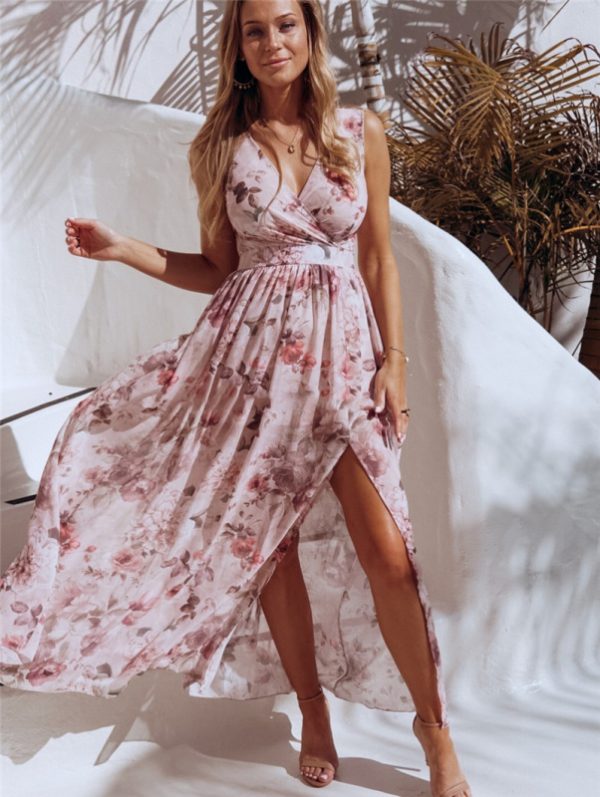 Elegant Floral Print Chiffon Dress Sleeveless Vacation Beach Slit Maxi Dress - Image 8