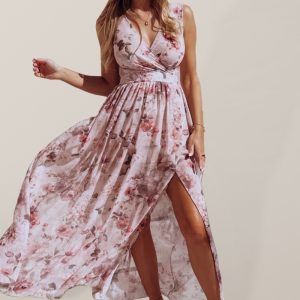 Elegant Floral Print Chiffon Dress Sleeveless Vacation Beach Slit Maxi Dress
