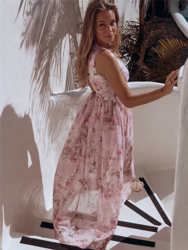 Elegant Floral Print Chiffon Dress Sleeveless Vacation Beach Slit Maxi Dress - Image 6