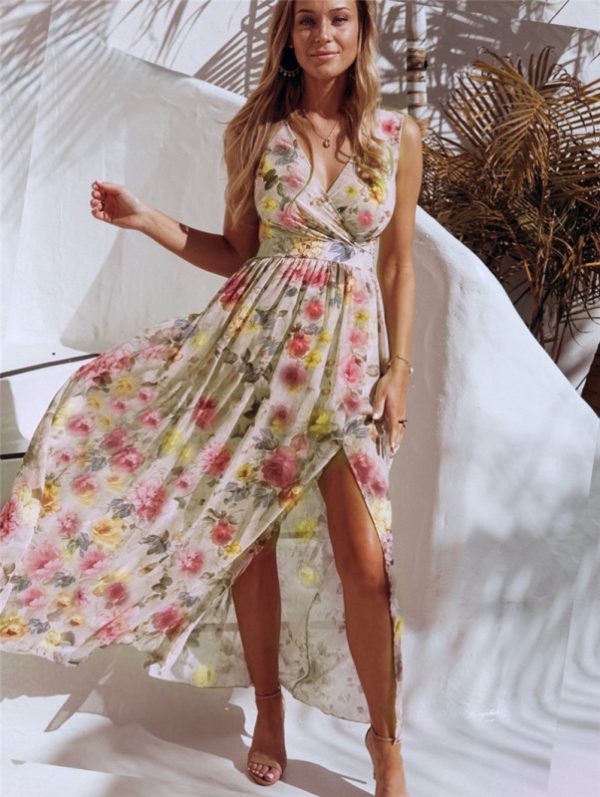 Elegant Floral Print Chiffon Dress Sleeveless Vacation Beach Slit Maxi Dress - Image 2