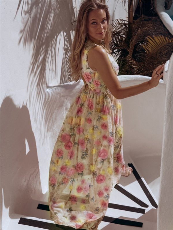 Elegant Floral Print Chiffon Dress Sleeveless Vacation Beach Slit Maxi Dress - Image 9