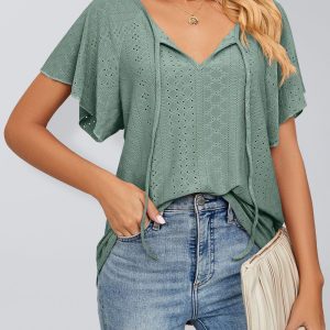 Women's Solid Color Round Neck Tie Short Sleeve Loose Knit Top