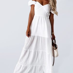 New style short-sleeved off-the-shoulder solid color backless strappy commuter high-waisted dress