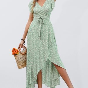 Bohemian V-Neck Tie Slim Swing Print Dress