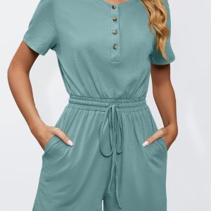 Women's Knit Loose Short Sleeve Button Tie Jumpsuit