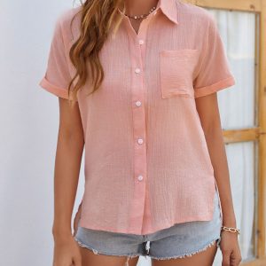 New cotton and linen short-sleeved casual side slit pocket shirt