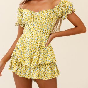Women's fashion sexy one-neck lantern lotus leaf short-sleeved printed jumpsuit