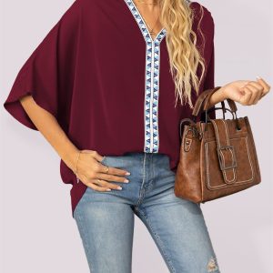 Women's Dolman Sleeve Chiffon V-Neck Short Sleeve Shirt Shirt