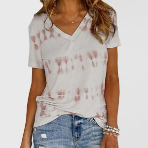 Women's stripes dyeing printed casual short -sleeved T -shirt
